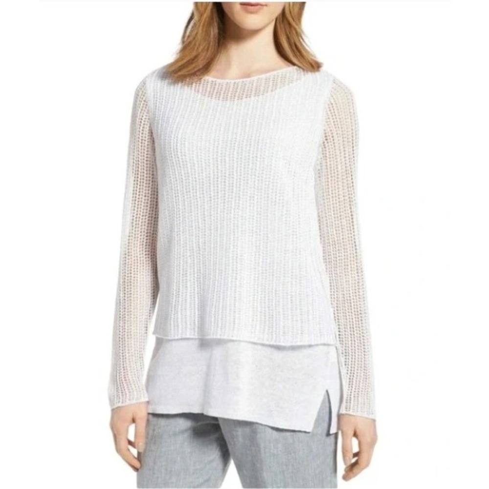Eileen‎ Fisher 100% Organic Linen Sweater Mesh Overlay White Long Sleeve Knit LP